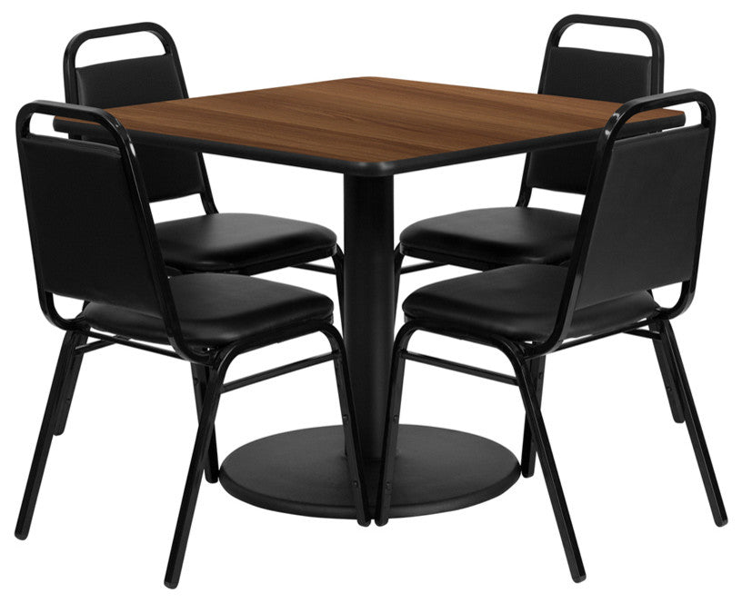 Dyersburg 5pcs Table Set Square 36" Walnut Laminate, Black Banquet Chair