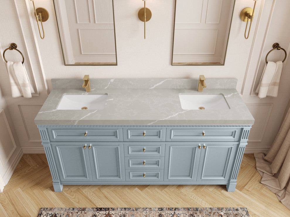 Paris 72" Double Sink Bathroom Vanity, Blue Heather 2" Pearl Gray