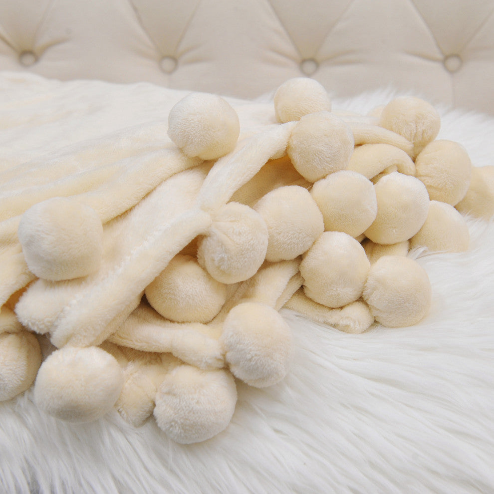 Pom Pom Flannel Fleece Throw Blanket, Antique White, 50" X 60"