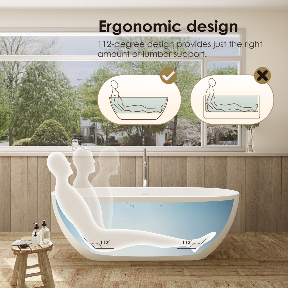 Ryder Flatbottom Freestanding Solid Surface Soaking Bathtub, Matte White, 59inch