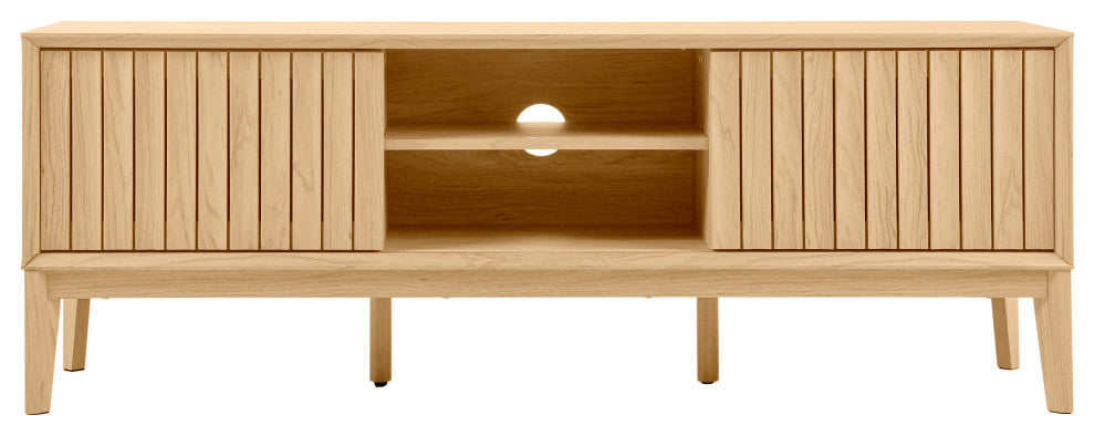 3-Storage Sliding Door TV Stand Fits TVs up to 65 in. with Cable Management, Oak