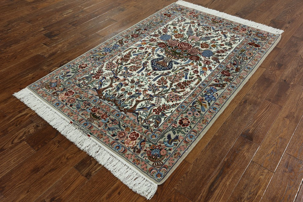Signed Authentic Persian Isfahan Wool and Silk Rug, 4'x7'