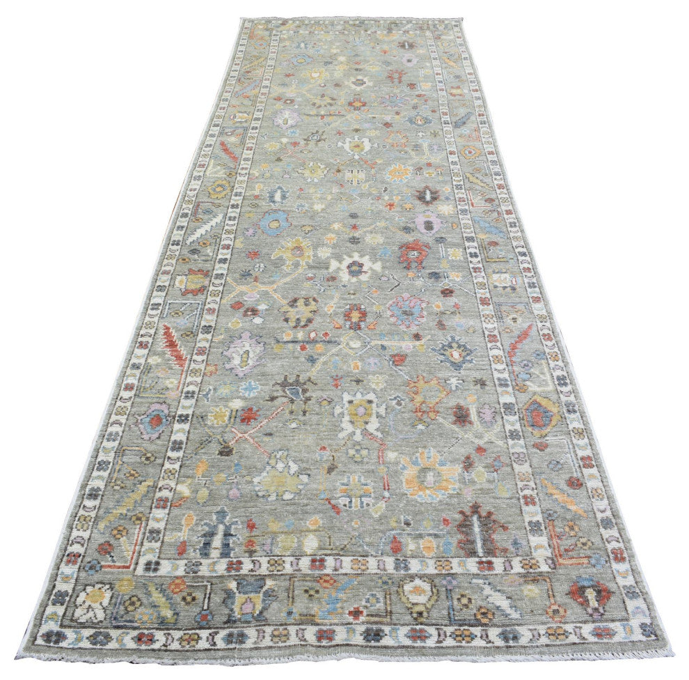 Gray Afghan Angora Oushak Soft Wool Hand Knotted Runner Oriental Rug, 4'x11'10"