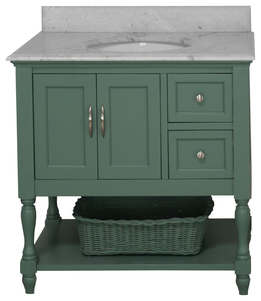 Beverly 36" Bathroom Vanity, Sage Green, Carrara Marble