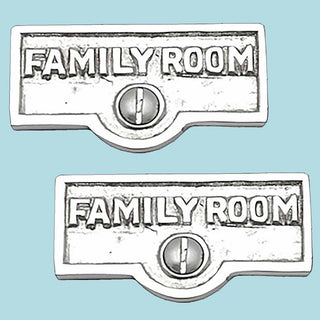 2 Switch Plate Tags FAMILY ROOM Name Signs Label Chrome Brass |