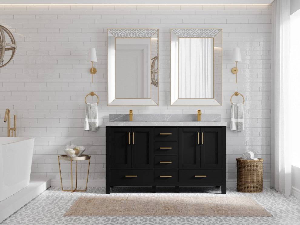 Malibu 60 Double Sink Bathroom Vanity in Black 2" Pearl Gray