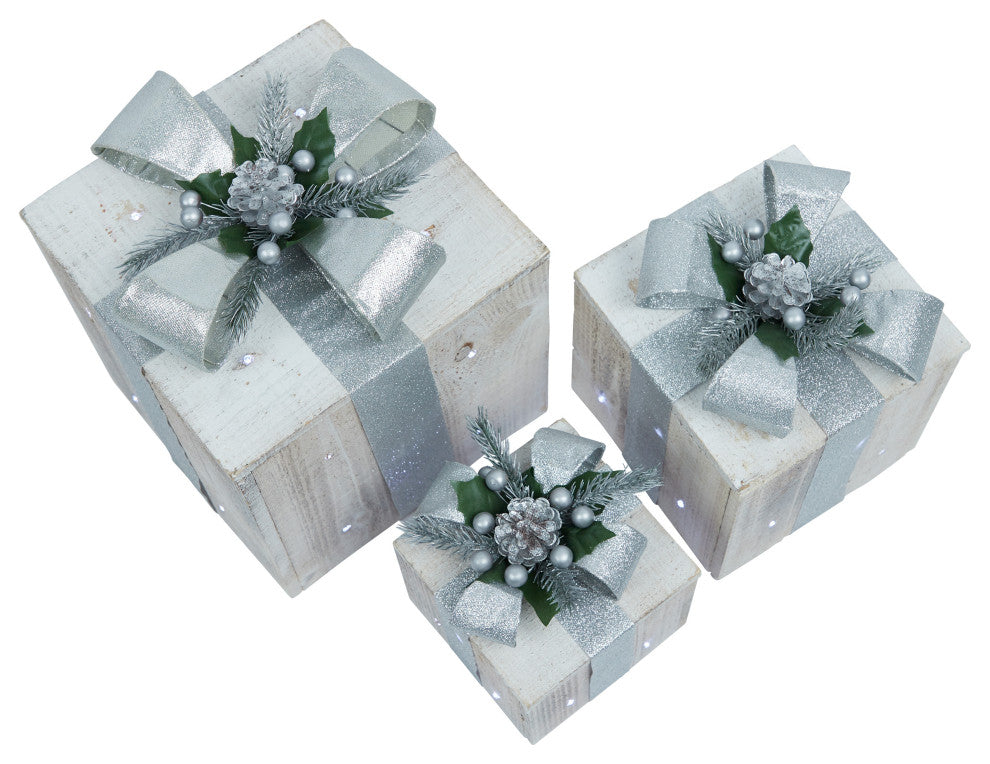 3-Piece Wooden Gift Box Christmas Decor with LED Lights, Silver