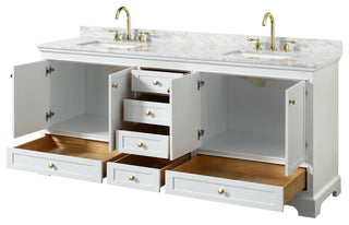 80" Double Bath Vanity, White, White Carrara Countertop, Sinks, Gold Trim