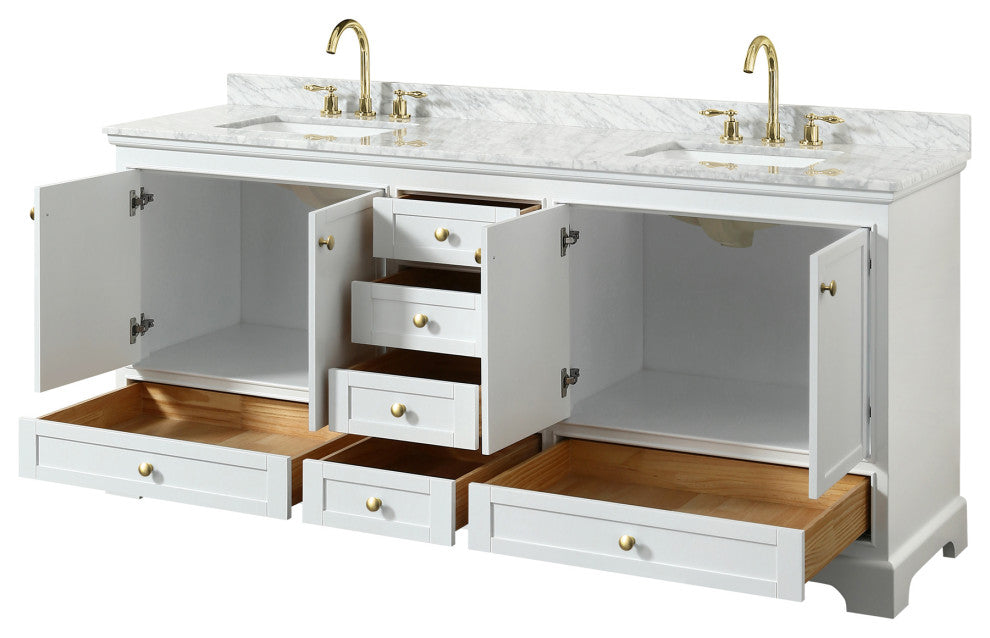 80" Double Bath Vanity, White, White Carrara Countertop, Sinks, Gold Trim