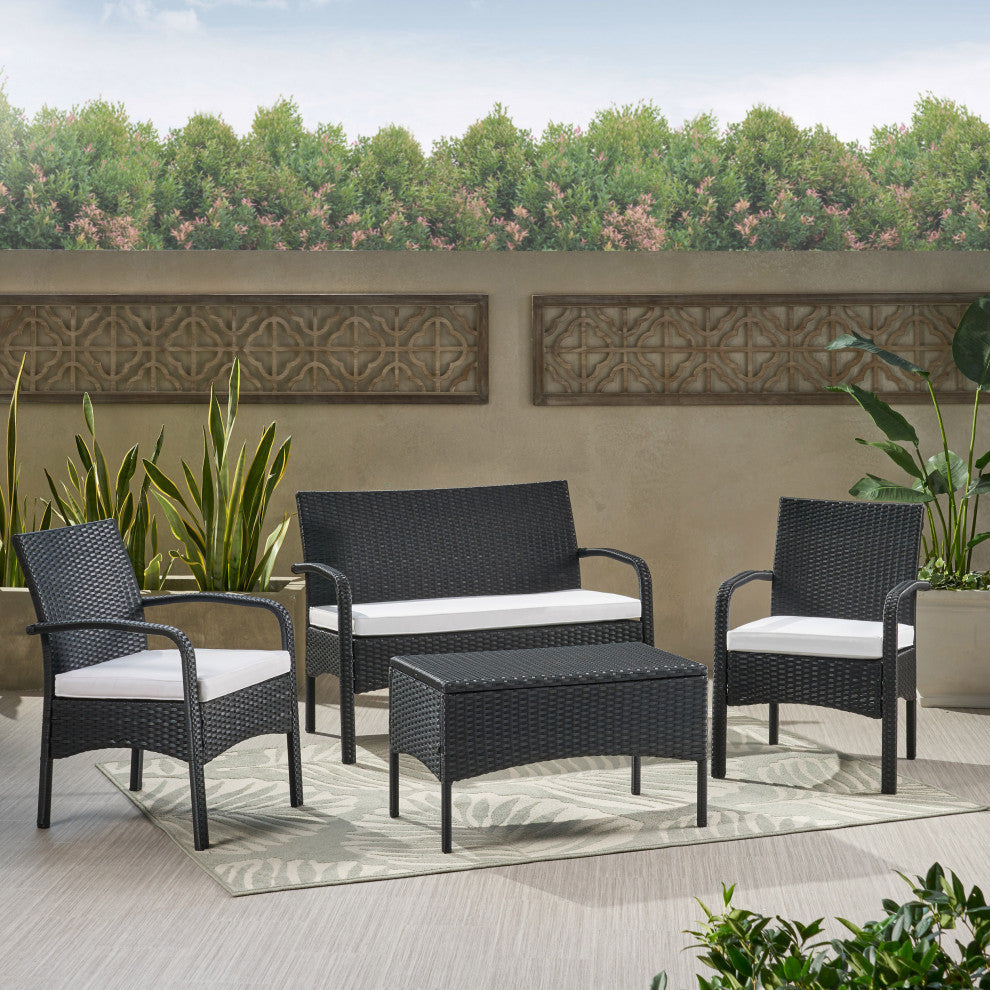GDF Studio 4-Piece Clayton Outdoor Black Wicker Chat Set With White Cushion