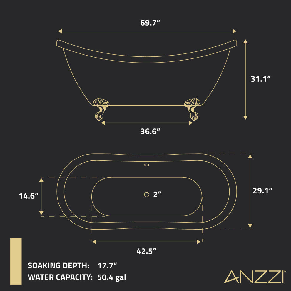 Falco 5.8' Acrylic Clawfoot Bathtub, Brushed Gold