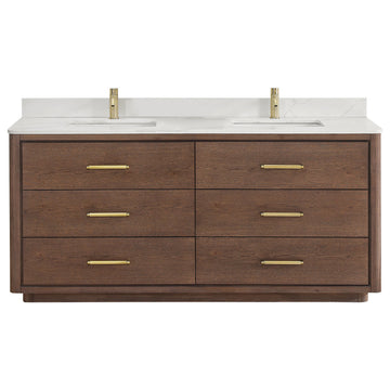 Porto Bath Vanity with White Quartz Stone Top, Dark Brown Oak, 72 in., No Mirror