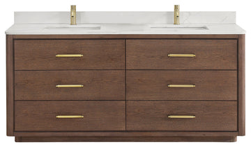 Porto Bath Vanity with White Quartz Stone Top, Dark Brown Oak, 72 in., No Mirror