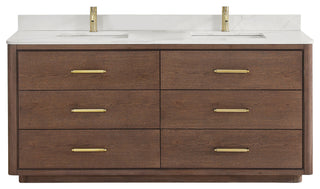 Porto Bath Vanity with White Quartz Stone Top, Dark Brown Oak, 72 in., No Mirror