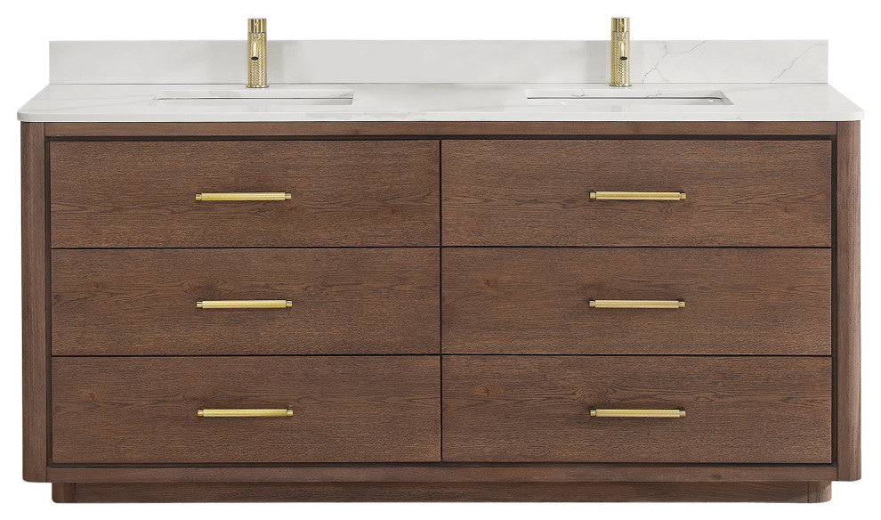 Porto Bath Vanity with White Quartz Stone Top, Dark Brown Oak, 72 in., No Mirror