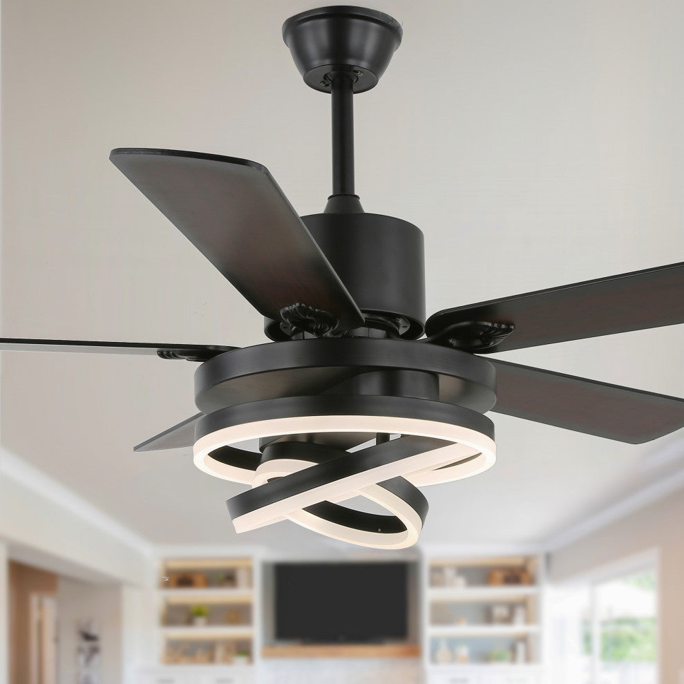 52" Modern Ceiling Fan with Dimmable Light and Remote Control, 6-Speed, Black, 52