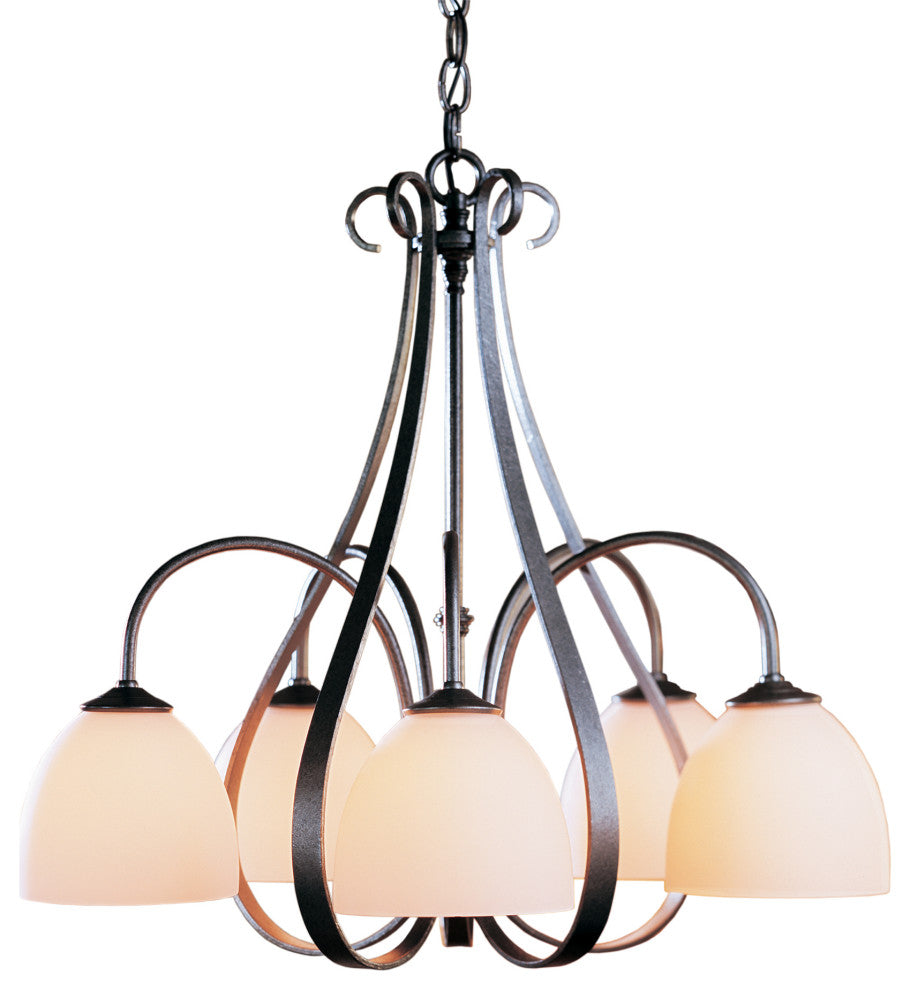Sweeping Taper 5 Arm Chandelier, Natural Iron Finish, Opal Glass