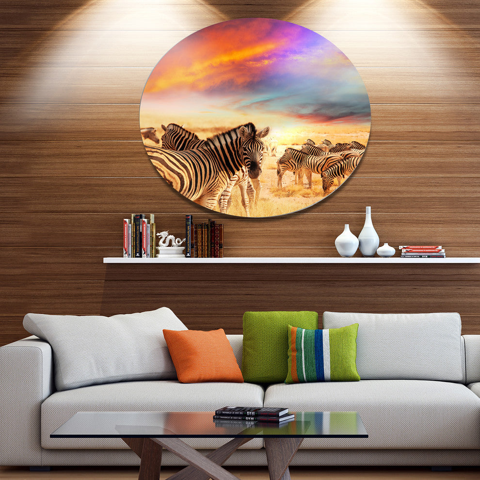 Zebra Herd Under Colorful Sunset Sky, Animal Art Disc Metal Art, 23"