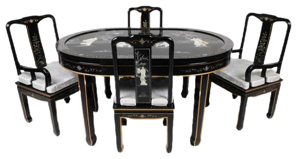 Black Lacquered With Mother Of Pearl Oriental Dining Table Set