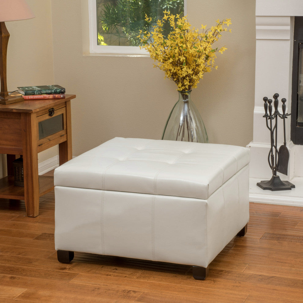GDF Studio Kensington Square Storage Ottoman, Ivory, Pu, Birch