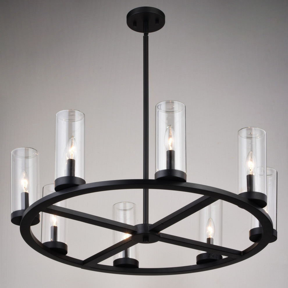 Grantley 8 Light Matte Black Wheel Chandelier Fixture Clear Glass LED Compatible