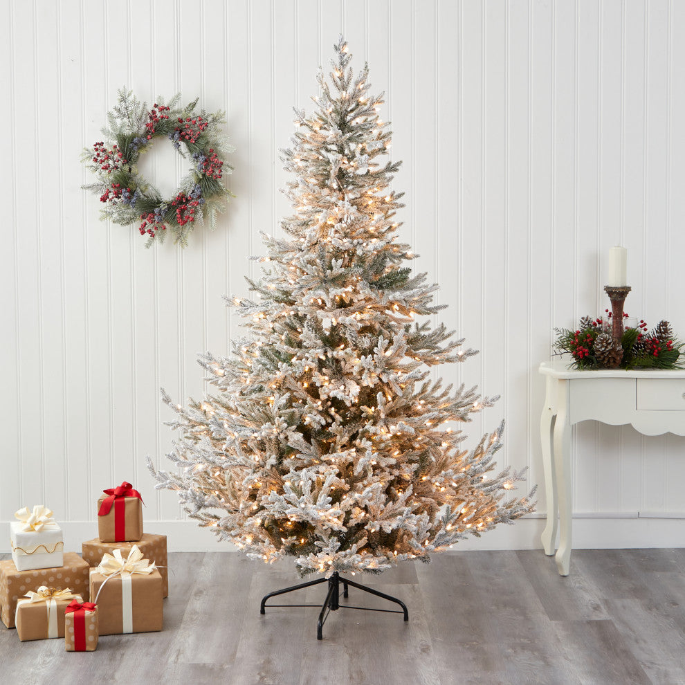 Nearly Natural 7ï¿½ Flocked Fraser Fir Christmas Tree with 600 Warm White Lights