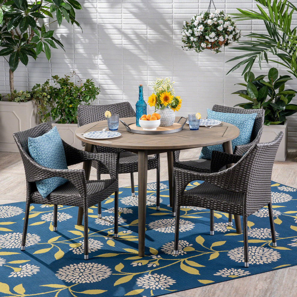 GDF Studio 5-Piece Nix Outdoor Wood and Wicker Dining Set, Gray Finish/Gray