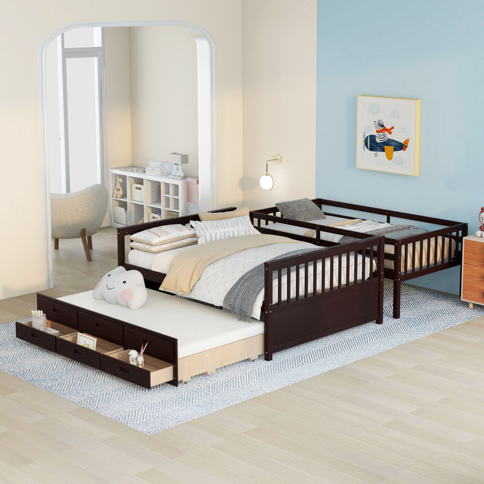 Gewnee Wood Kids Convertible Twin-Over-Full Bunk Bed with Trundle in Espresso