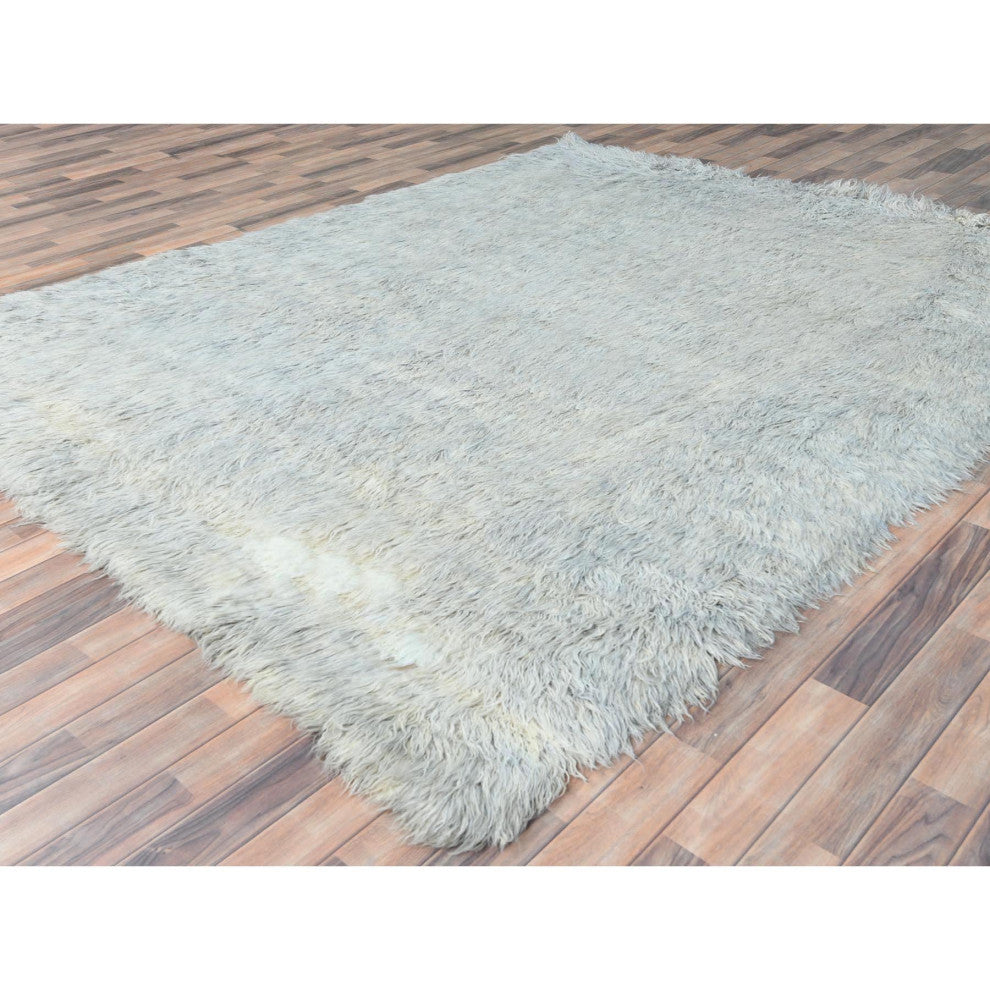 Blueish Gray, Shaggy Moroccan, Undyed Natural Wool Hand Knotted Rug, 8'0"x9'9"