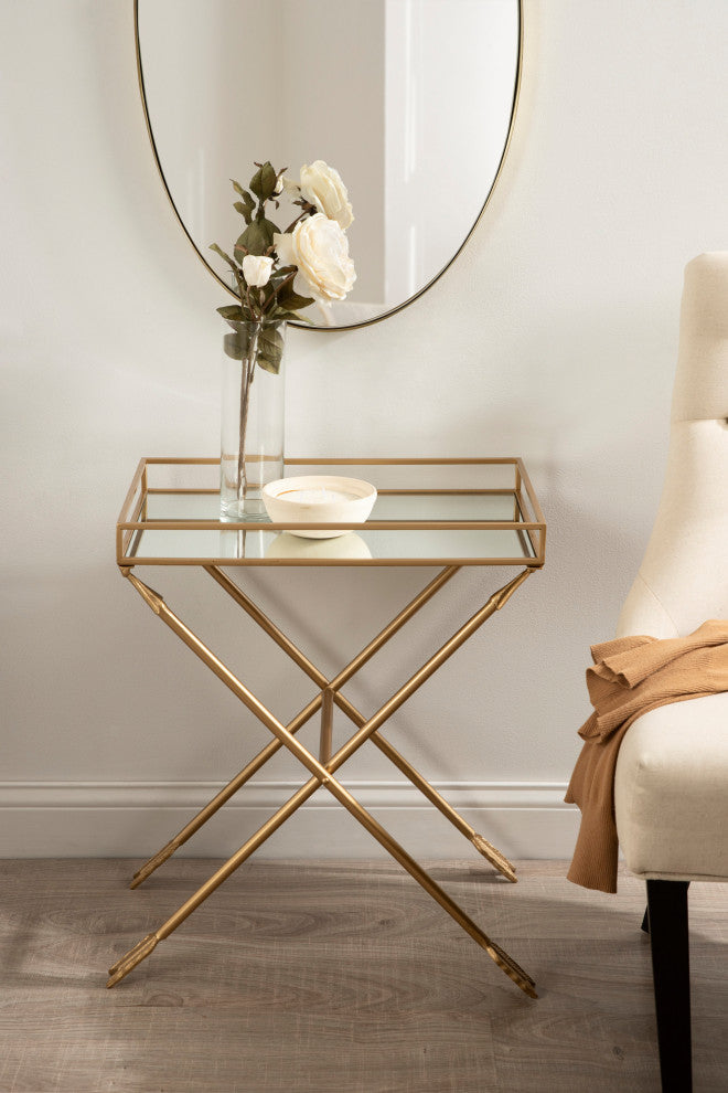 Madeira Arrow Mirrored Tray Top Table, Satin Gold 21x14x26