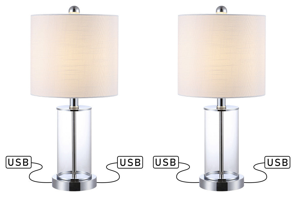 Abner Glass Modern Contemporary USB Charging LED Table Lamp, Chrome/Clear