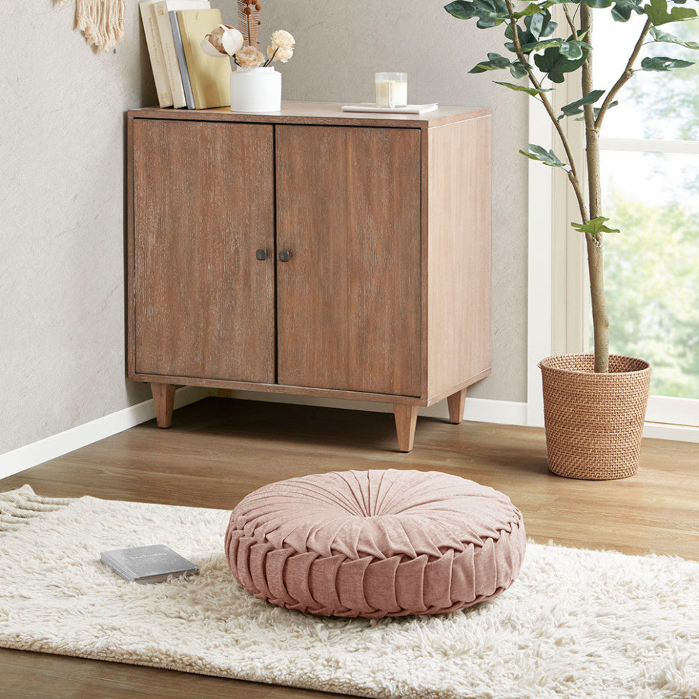 Pleated Poly Chenille Round Floor Pillow Seat Cushion, Blush