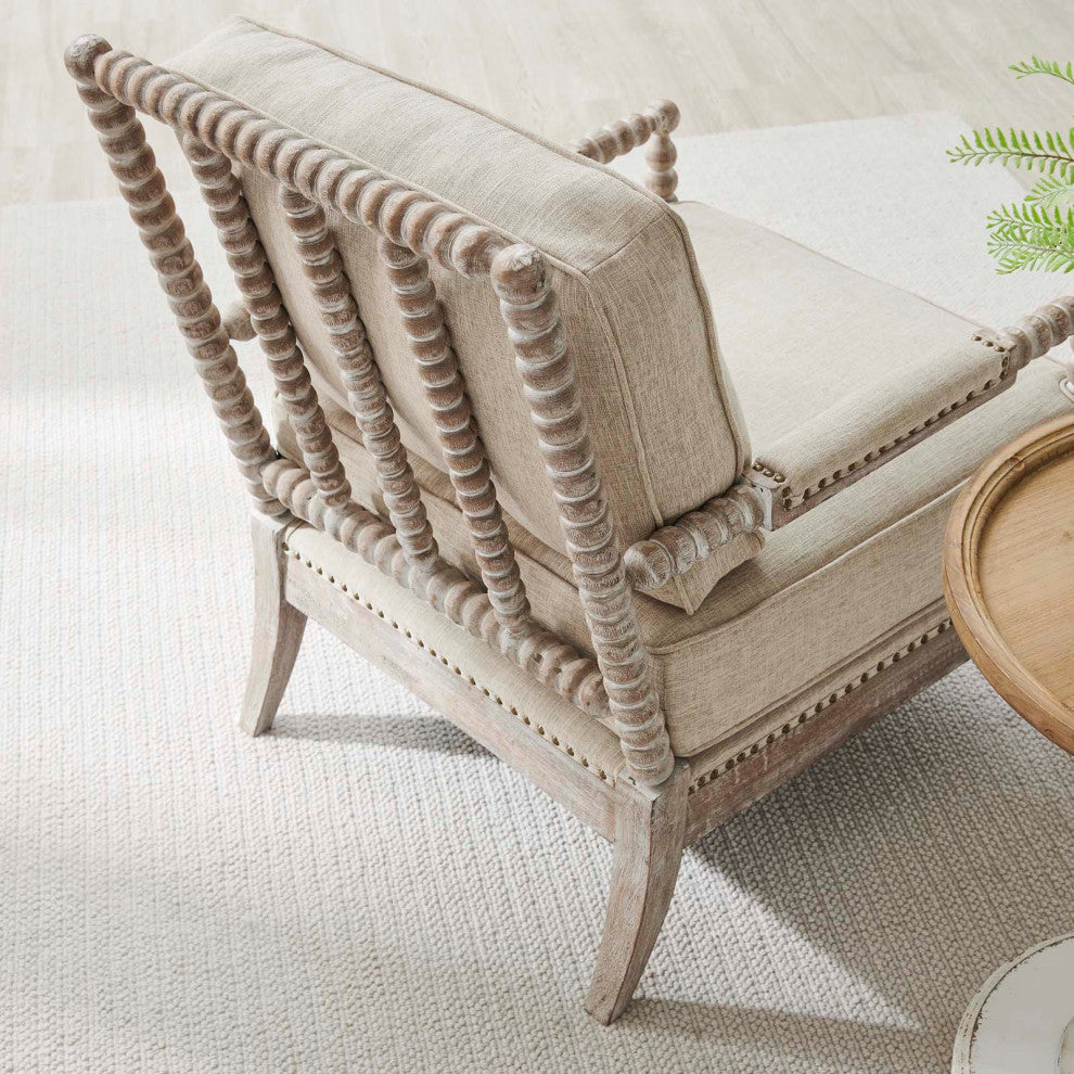 Armchair Accent Chair, Nailhead, Beige, Fabric, Modern, Lounge Cafe Hospitality