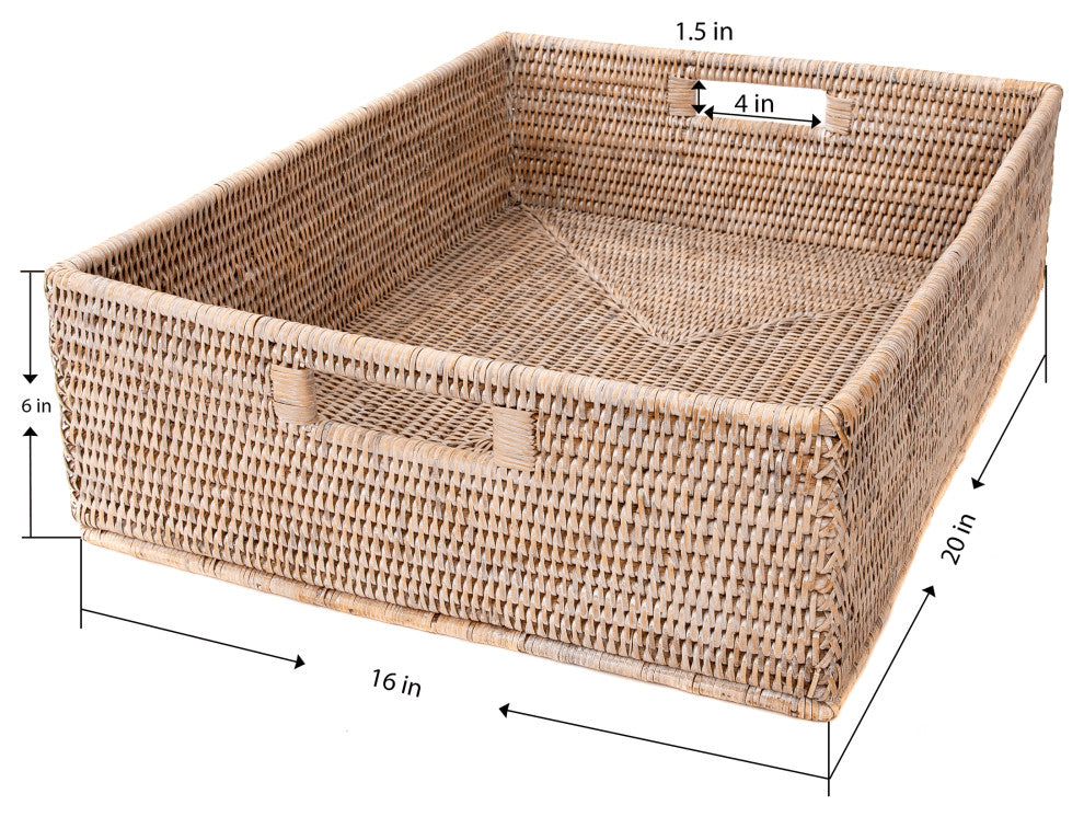 Artifacts Rattan™ Rectangular Basket with Cutout Handles, White Wash, 20"x16"x6"