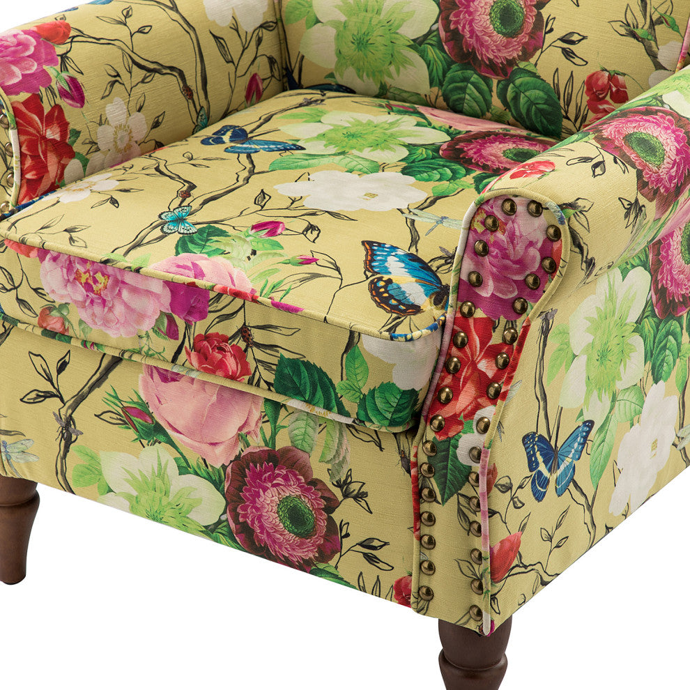 Wooden Upholstered Armchair Set of 2, Mustard