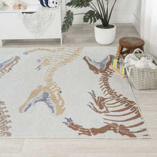 Kingdarr T-Rex Modern Kids Machine-Washable Cream/Multi 3 ft. x 5 ft. Runner Rug
