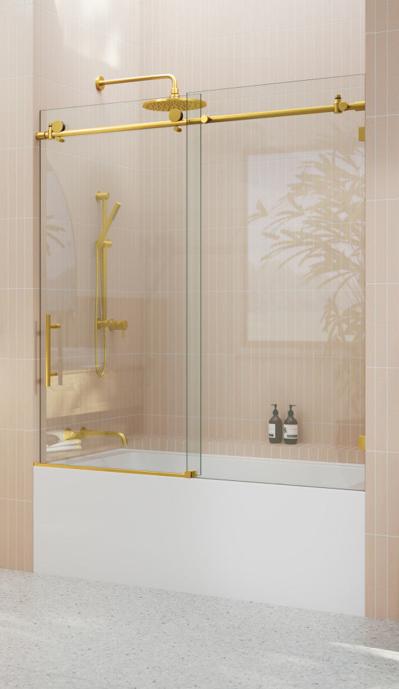 52-56"x60" Frameless Bath Tub Sliding Shower Door, Satin Brass