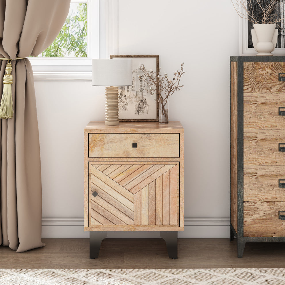GDF Studio Vintage Hand-Crafted Line Wood Nightstand with Drawer, Natural