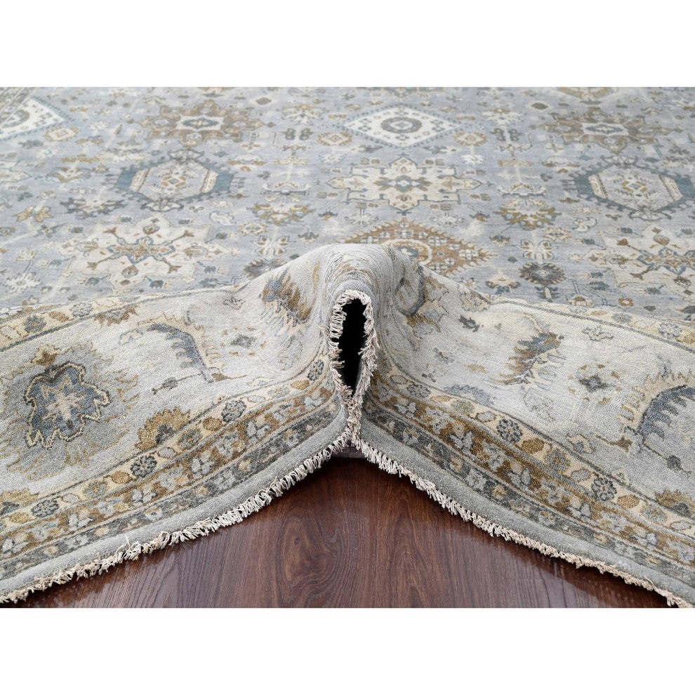 Lavender Gray With Ivory Hand Knotted Karajeh Design Wool Rug 12'2"x17'11"
