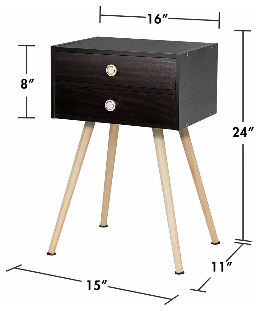 Mid Century Modern 2 Drawers Nightstand Sofa Side Table End Table Espresso