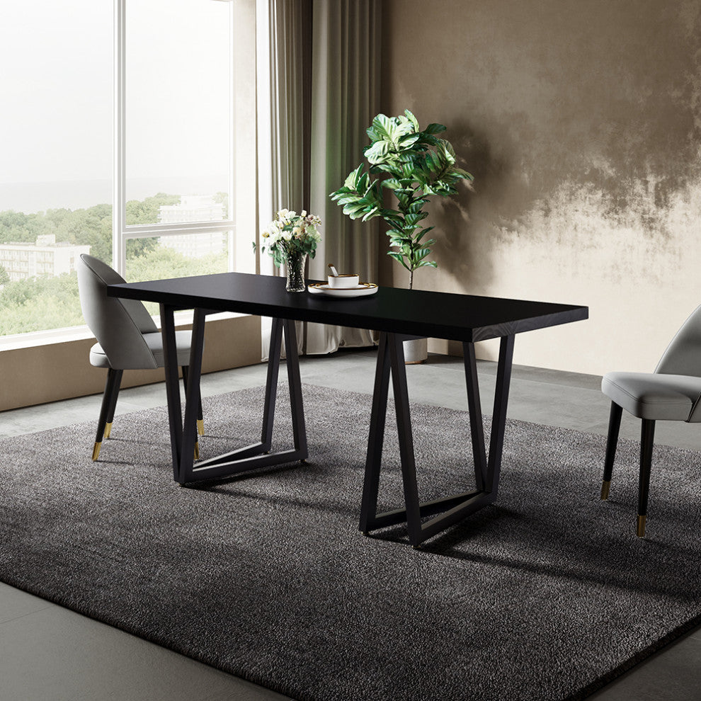 63" Rectangular Dining Table Black Solid Wood Table Top Square Metal Base, Black