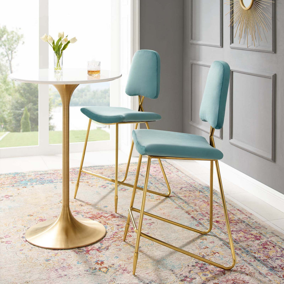 Bar Stool Chair Barstool, Set of 2, Velvet, Metal, Blue, Modern, Bar Pub Bistro