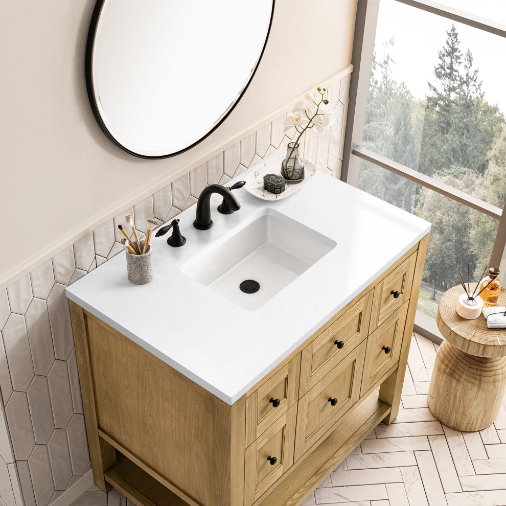 James Martin Breckenridge Bath Vanity, Light Natural Oak, 36", White Zeus, Three-Hole