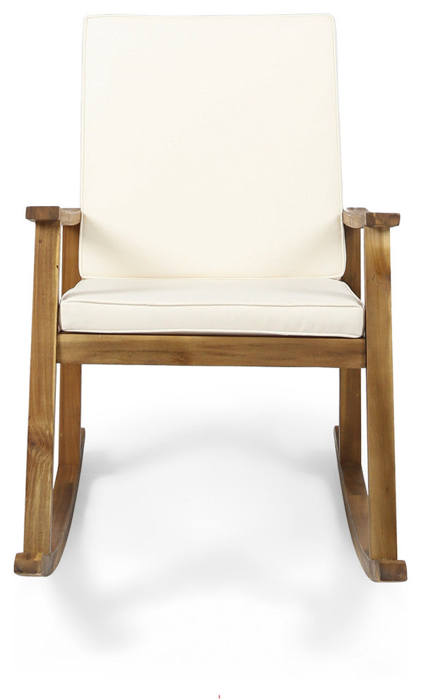 GDF Studio Caspar Outdoor Acacia Wood Rocking Chair, Teak Finish With Cream Cushion