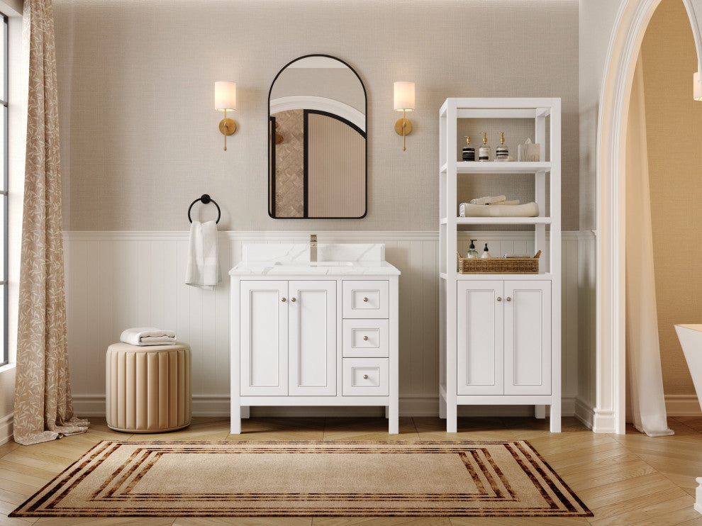 Nashville 36" Center Sink Bath Vanity, White 1.5" Calacatta Laza