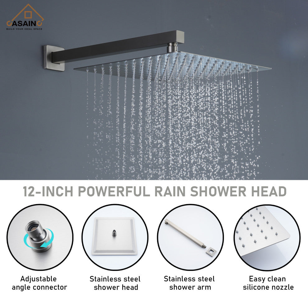 CASAINC 12" Wall Mounted Luxury Shower System Set w 6 Body Jets, Brushed Nickel
