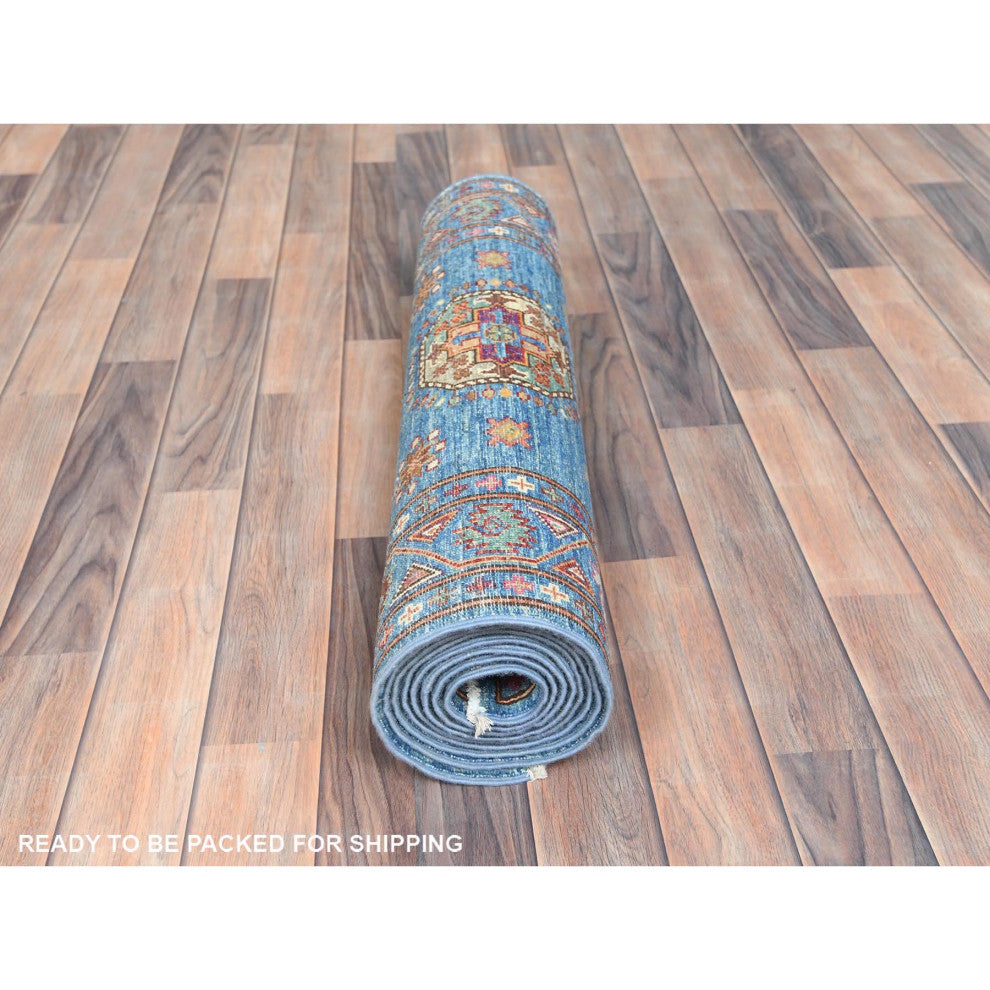 Steel Blue Afghan Super Kazak Wool Hand Knotted Runner Oriental Rug, 2'7"x9'9"