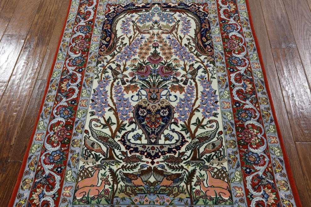 Signed Persian Isfahan Handmade Wool and Silk Authentic Rug, 4'x5'