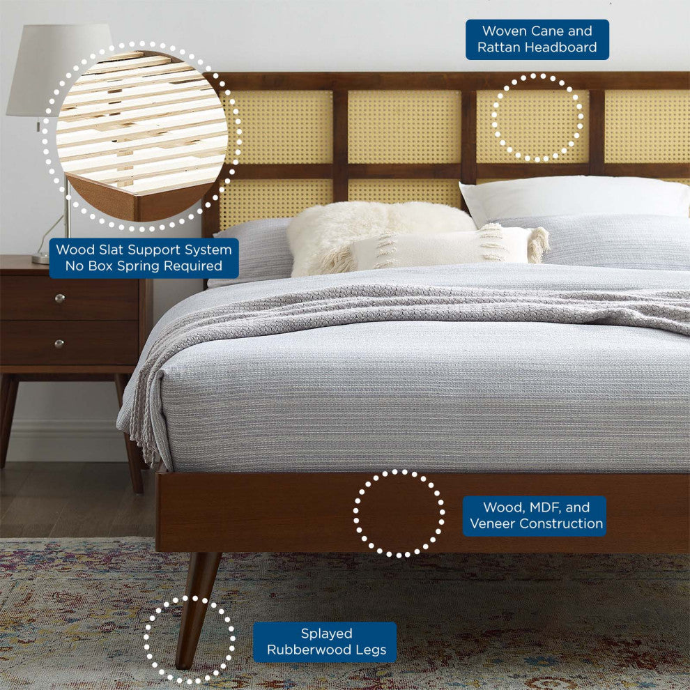 Platform Bed Frame, King Size, Wood, Brown Walnut, Modern Mid-Century, Bedroom