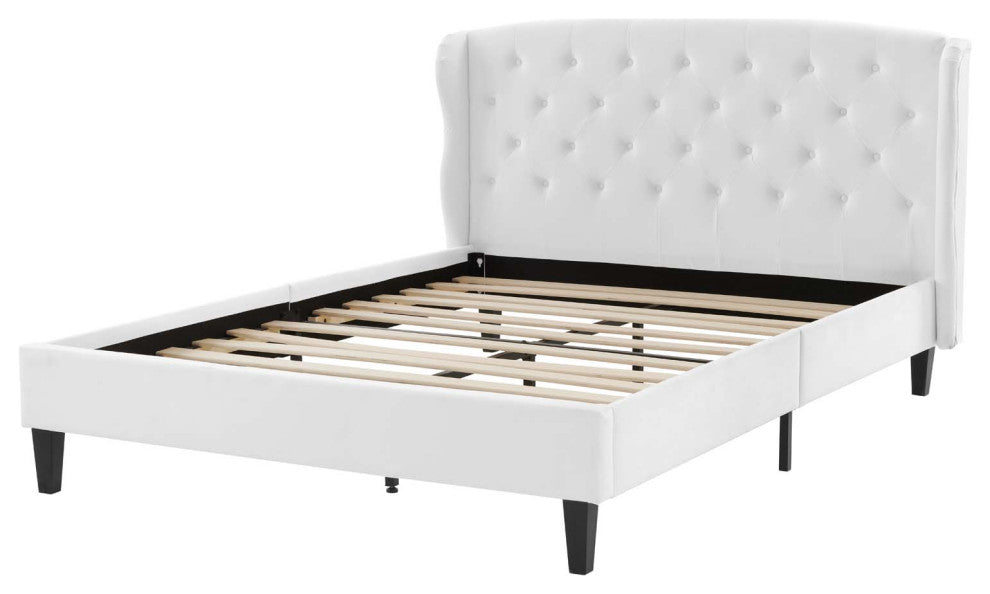 Tufted Platform Bed Frame, Queen Size, Velvet, White, Modern Contemporary